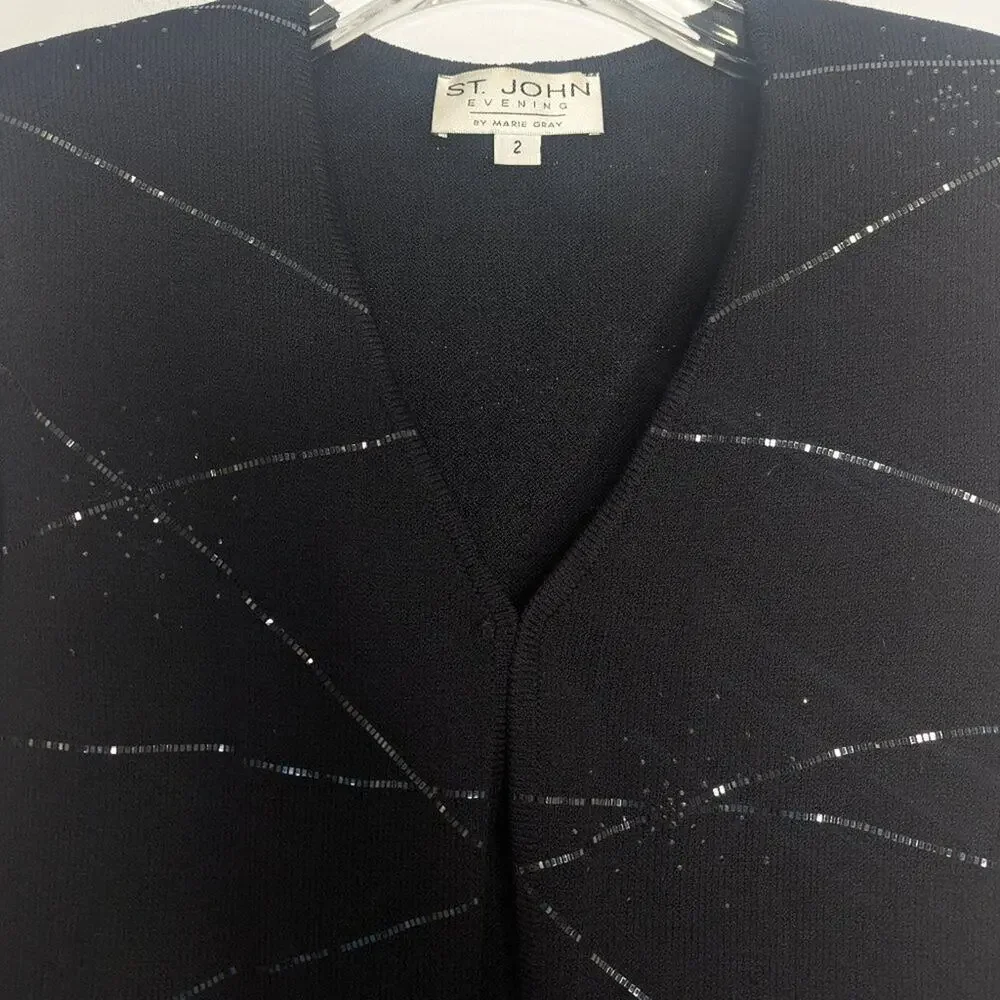 St. John Evening Vintage Black Starburst Sparkle Cardigan Long Sleeve V-Neck 2
